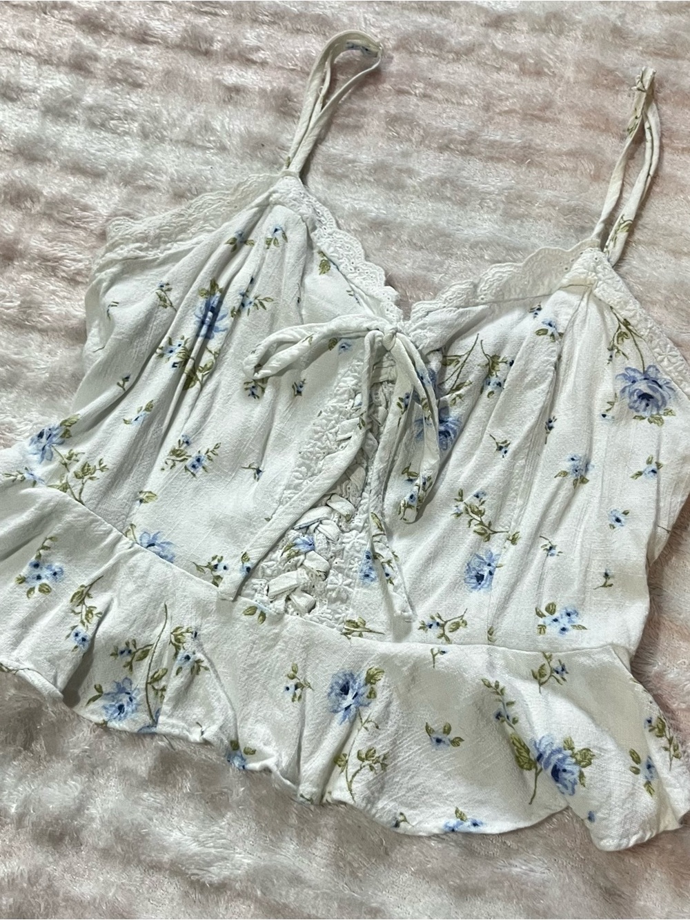 Y2K Floral Lace-Trim White & Blue Ruffle Cami Corset Crop Top
